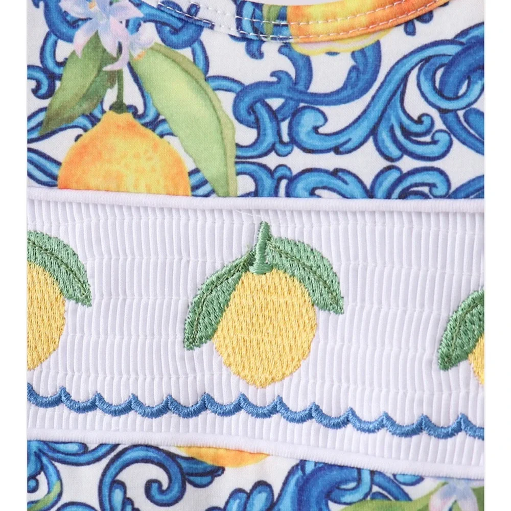 Smocked Baby Two-Piece Lemon Set with Light Blue Bow & Ruffle Bloomers Set Girls